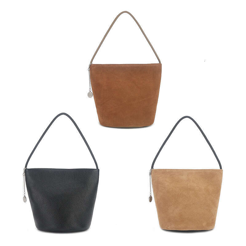 Korean Niche Custom Made Full Show Lin Cowhide Bucket Genuine Leather Bag Handbag Wide Shoulder Strap