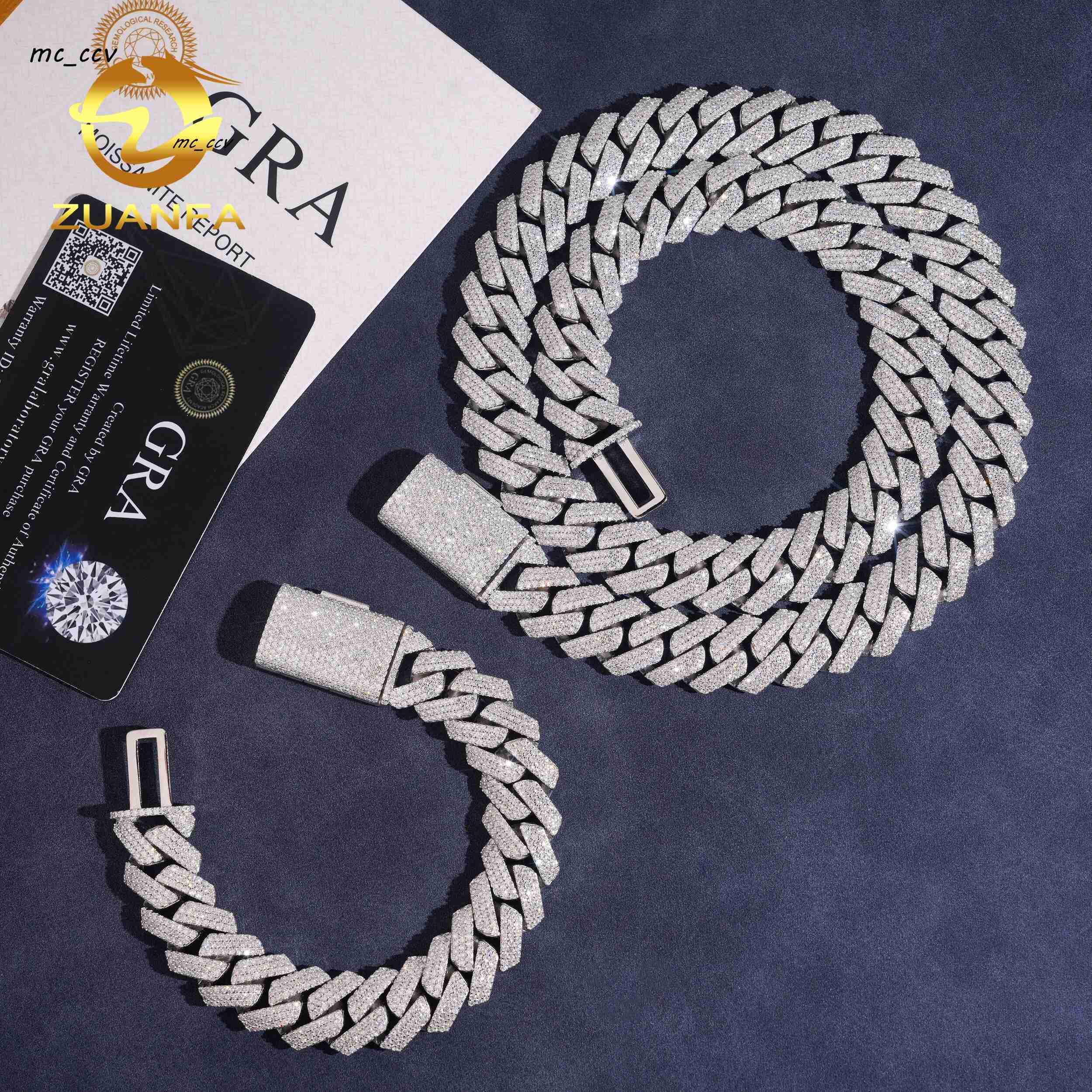 Pass Diamond Tester Hip Hop Iced Out Mens 15mm 3 Rows Stone Moissanite Miami Cuban Link Chain