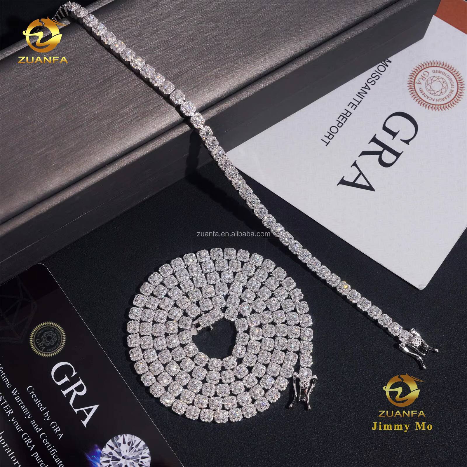 New Design Elegant Claw Setting 4mm 925 Solid Silver Hip Hop Jewelry D VVS Moissanite Diamond Cluster Tennis ChainBracelet Set