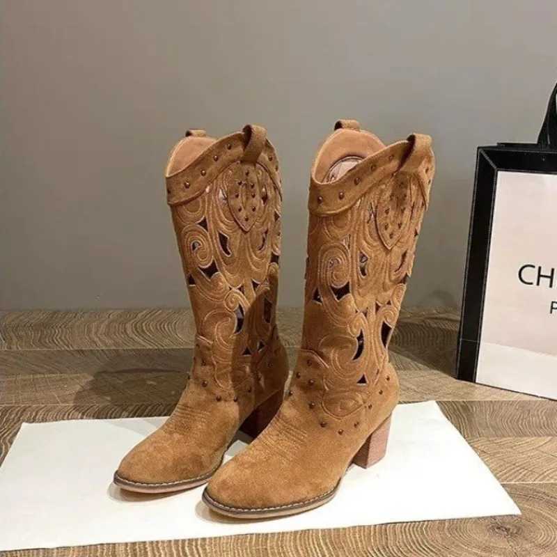 2025 New Womens Midcalf Boots Suede Leather Hollow Out Boots for Women Western Cowboy Boots Fashion Knight Booties Botas Mujer L250905