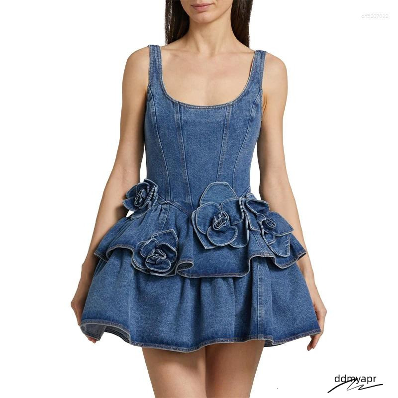 Chic A-Line Mini Dress - 3D Floral Denim Halter Dress, Vintage High Street Style, Perfect ddmyday For Summer Parties ddmyday ddmyday ddmyday