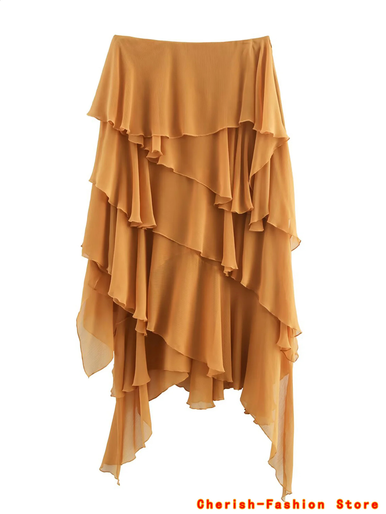 womens French high waisted layered decoration mid length skirt for summer irregular solid color slimming Midi 250905