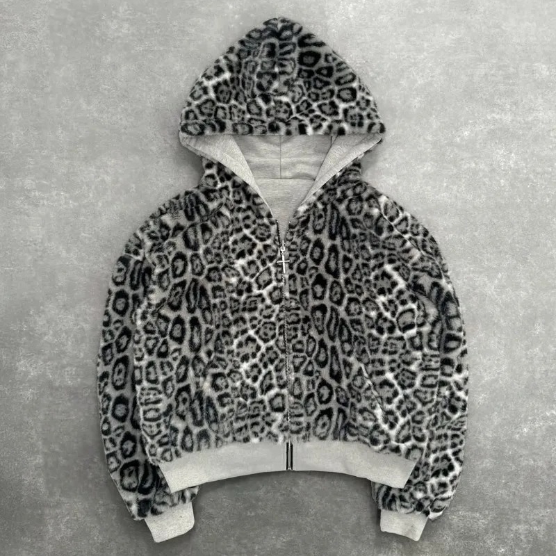 Twosided Clothing Harajuku Retro Leopard Print Fashionable Loose Zipper Hoodie Men Street Hiphop Casual Sweatshirt Women 250904