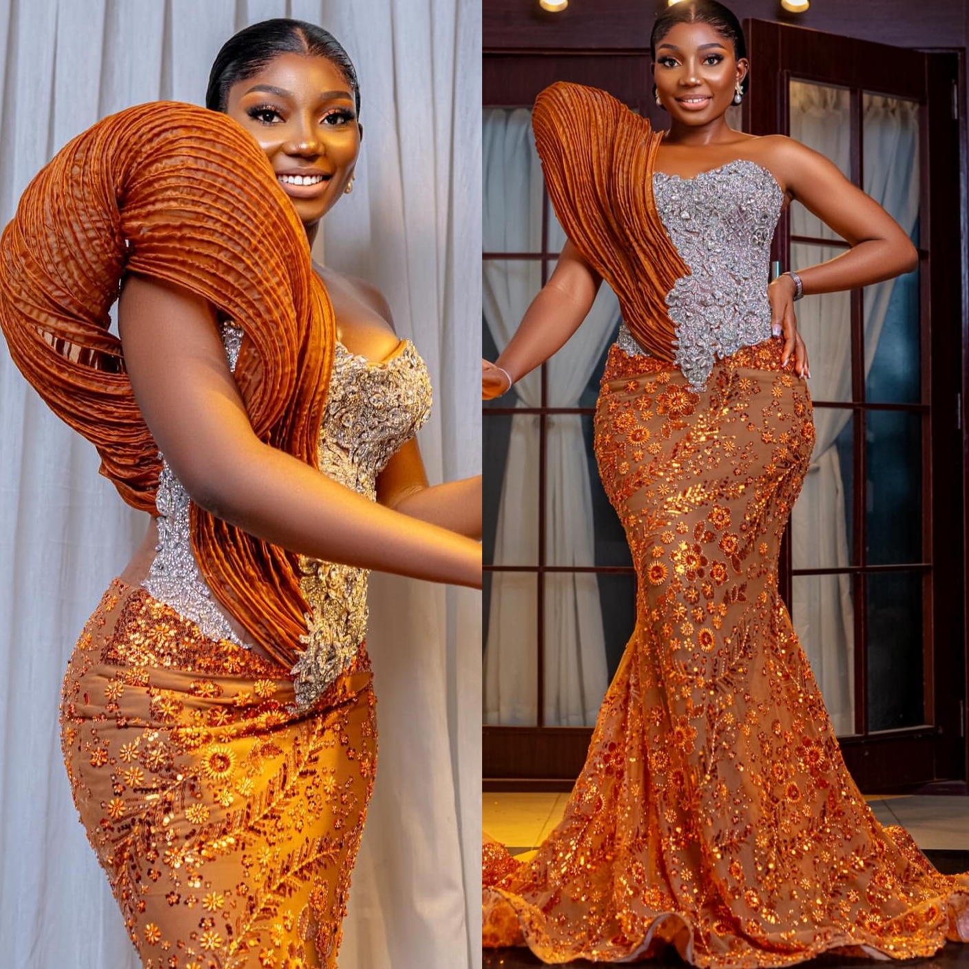 Aso Ebi Orange Mermaid Prom Dresses 2025 Crystals Beaded Sequined Stylish African Evening Formal Party Second Birthday Engagement Dress Gowns robe de 