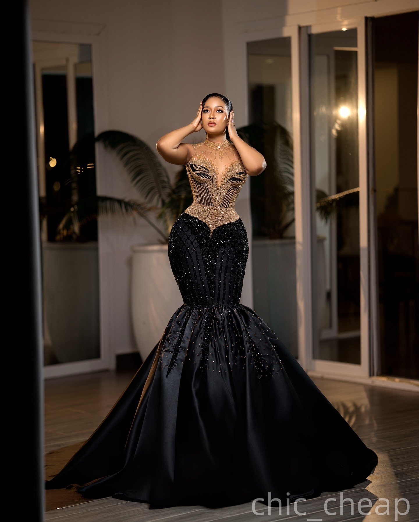 Aso Ebi Mermaid Black Prom Dresses 2025 Beaded Satin Sequined Evening Formal Party Second Birthday Engagement Gowns Plus Size Dress For Special Occasi