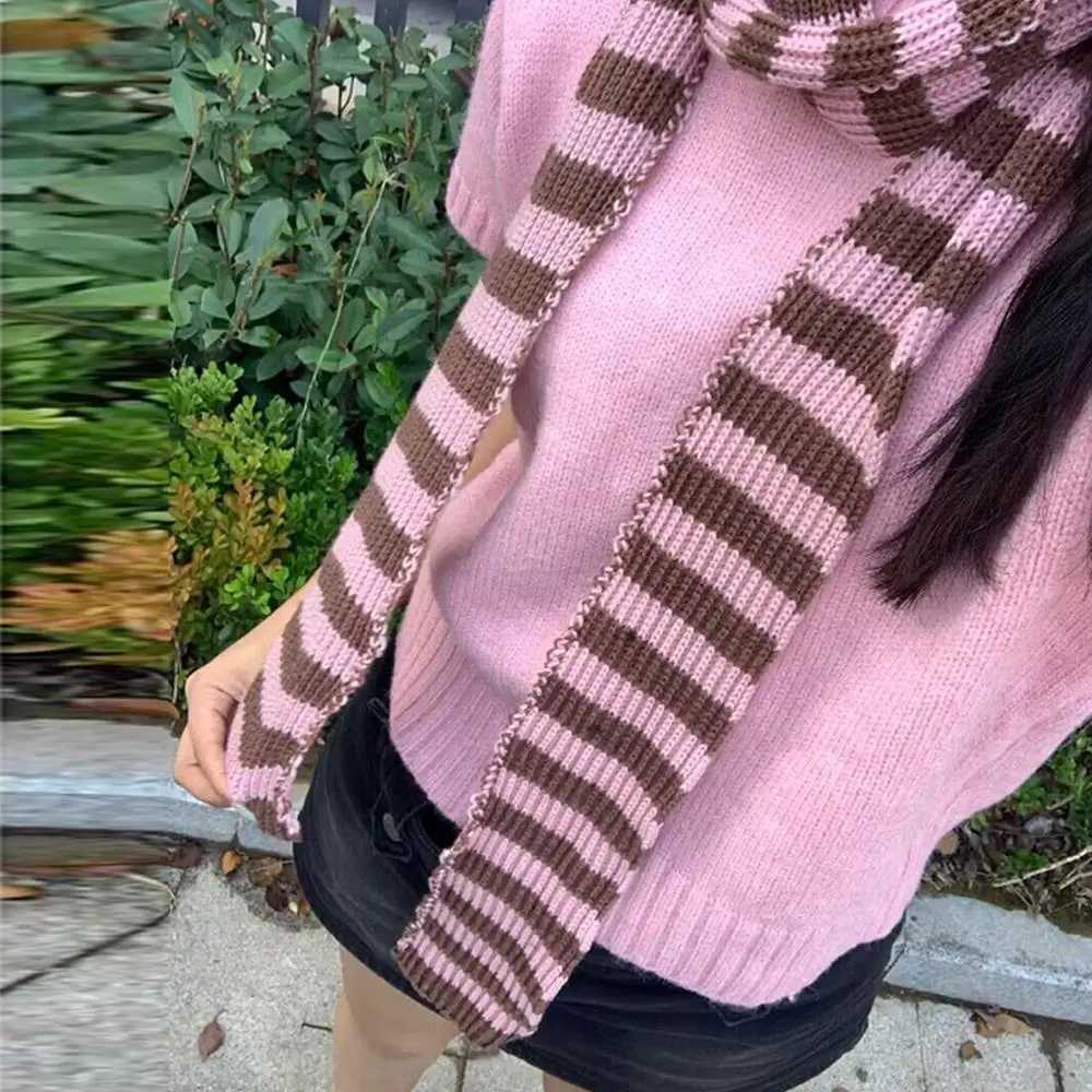Red Stripe Soft Knitted Scarf Y2K Harajuku Knitted Long Scarves Korean Thick Warm Scarf Woman Decorative Neck Tie NeckerchiefXJ250905