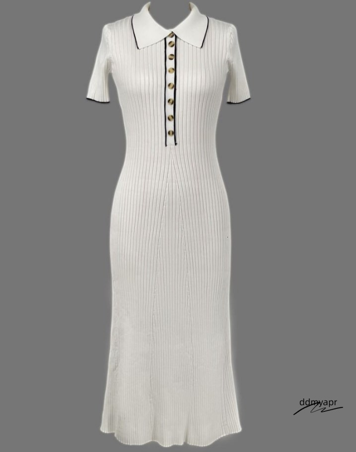 Casual Dresses White Knit Maxi ddmyday Dress For Women Short Sleeve Patchwork Elegant Party Lapel High Waist Knitwear Women's ddmyday ddmyday ddm