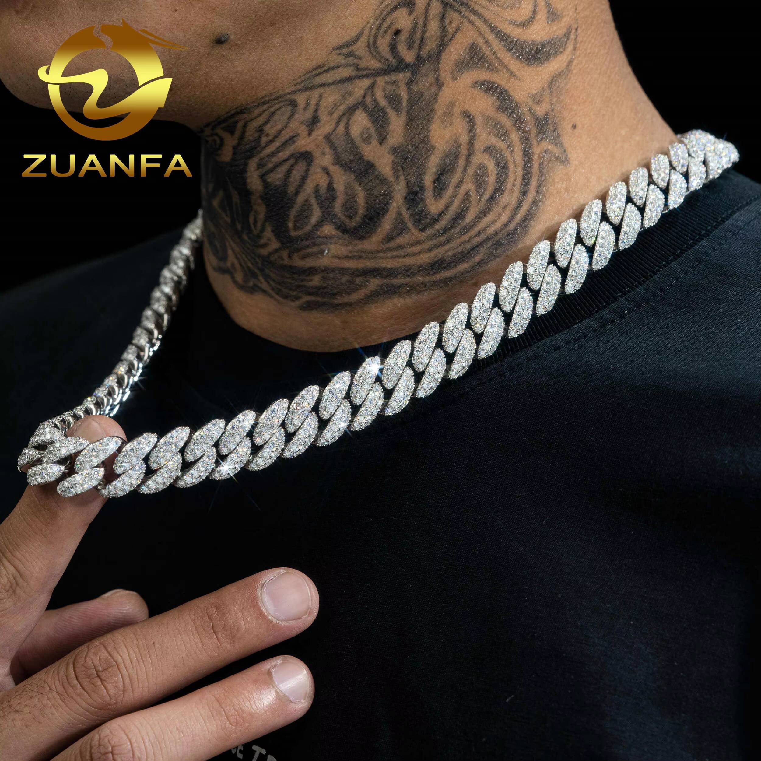 Wholesale Necklace Real Gold Plated Moissanite Micro Paved Prong Setting Miami 925 Sterling Silver 15MM Moissanite Diamond Iced Out Cuban Li