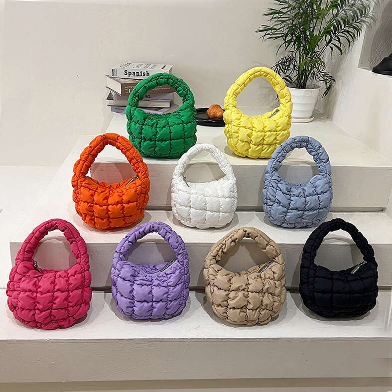 2025 New Down Cotton Jacket Niche Design Mini Handbag for Women Korean Plaid Wrinkled Cloud Bag