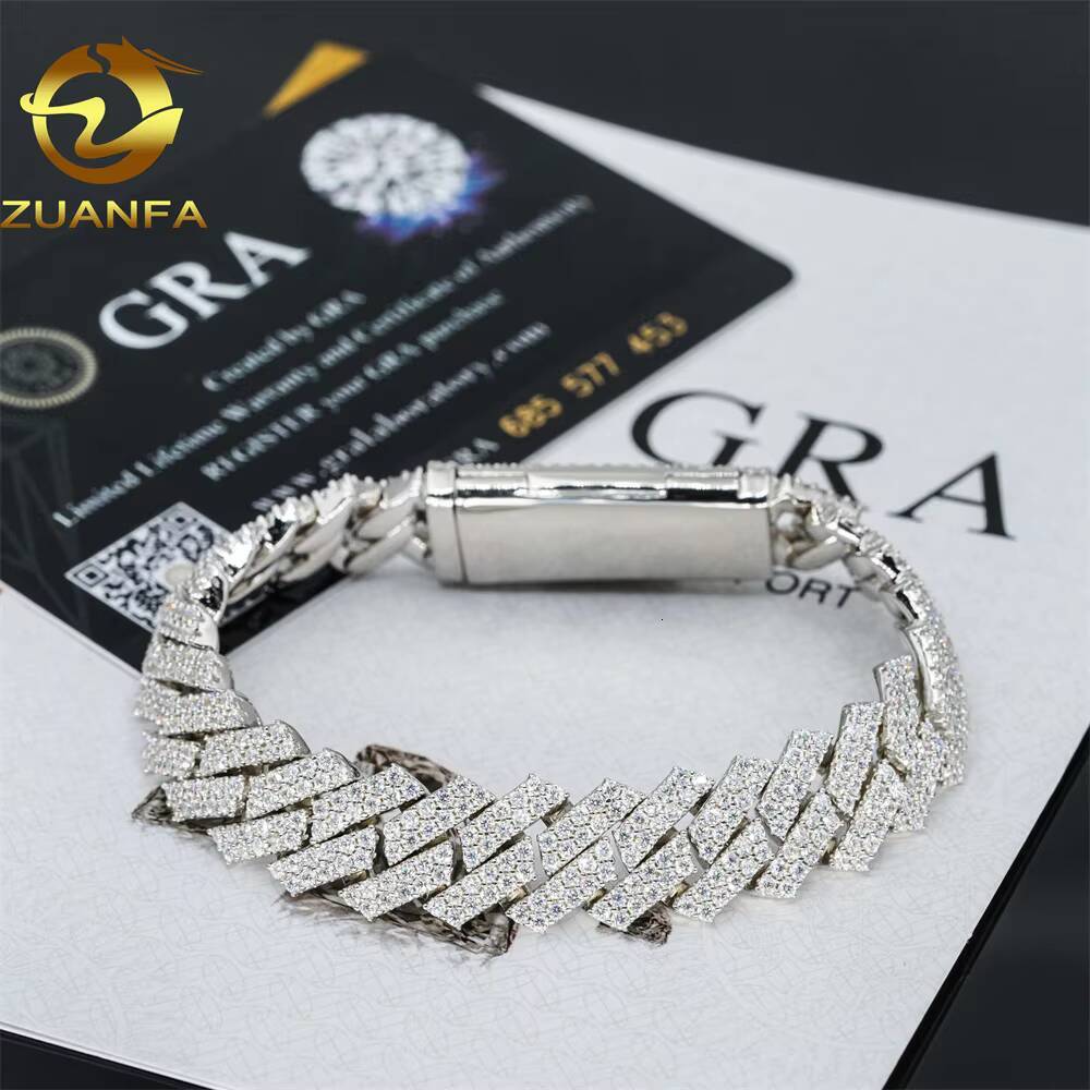 Zuanfa Fine Jewelry Hip Hop Iced Out Cuban Link Necklace 13mm 2 Rows Thick Solid 925 Silver VVS Moissanite Cuban Chain