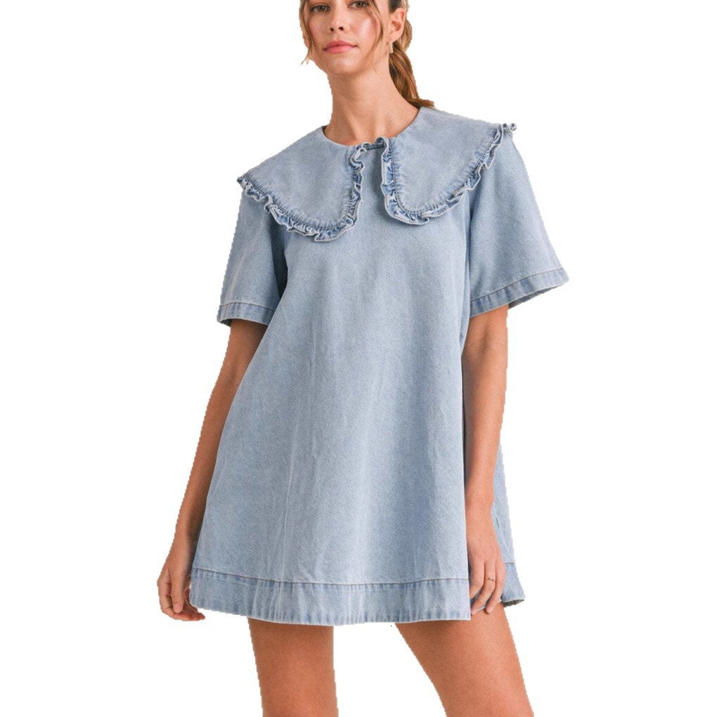 Denim Dress Women 2025 Summer New Turndown Collar Loose Ruffle Dress