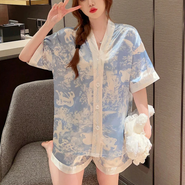 2025 sexy sleepwear for women in plus size short sleeved ice silk casual wear, V-neck fashionable printed women's summer sleepwear, home design w
