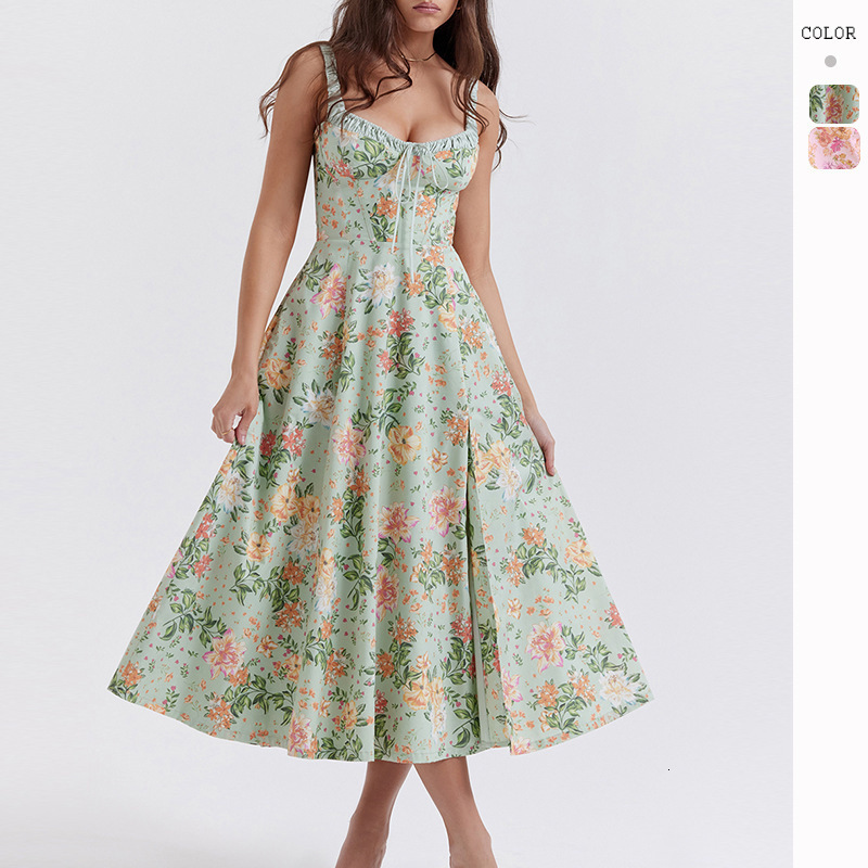 Womens Fashion 2024 Spring Summer New Sexy Strap Spliced Printed Tie Big Hem Dress