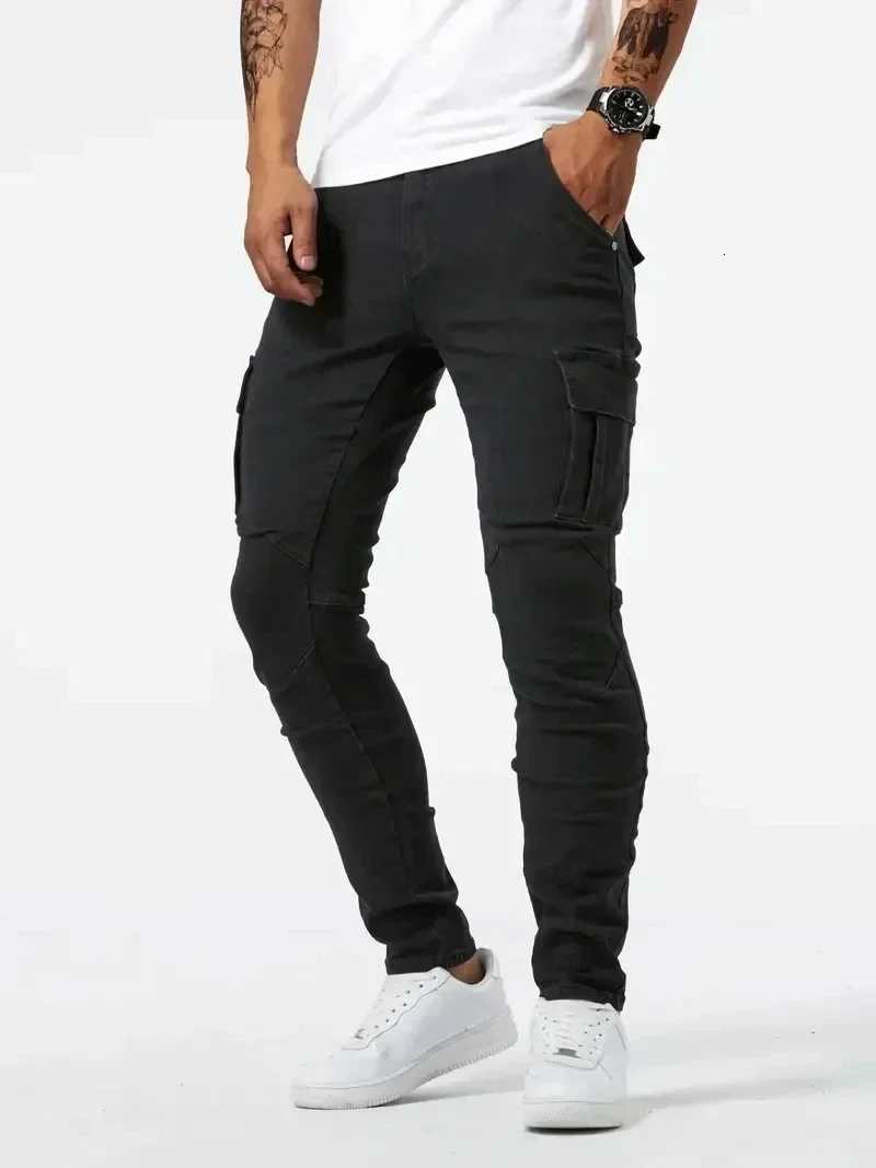 2025 Street Elastic Jeans Men Denim Cargo Pants Wash Solid Color Multi Pockets Casual Mid Waist Trousers Slim Daily Wear Joggers W250905