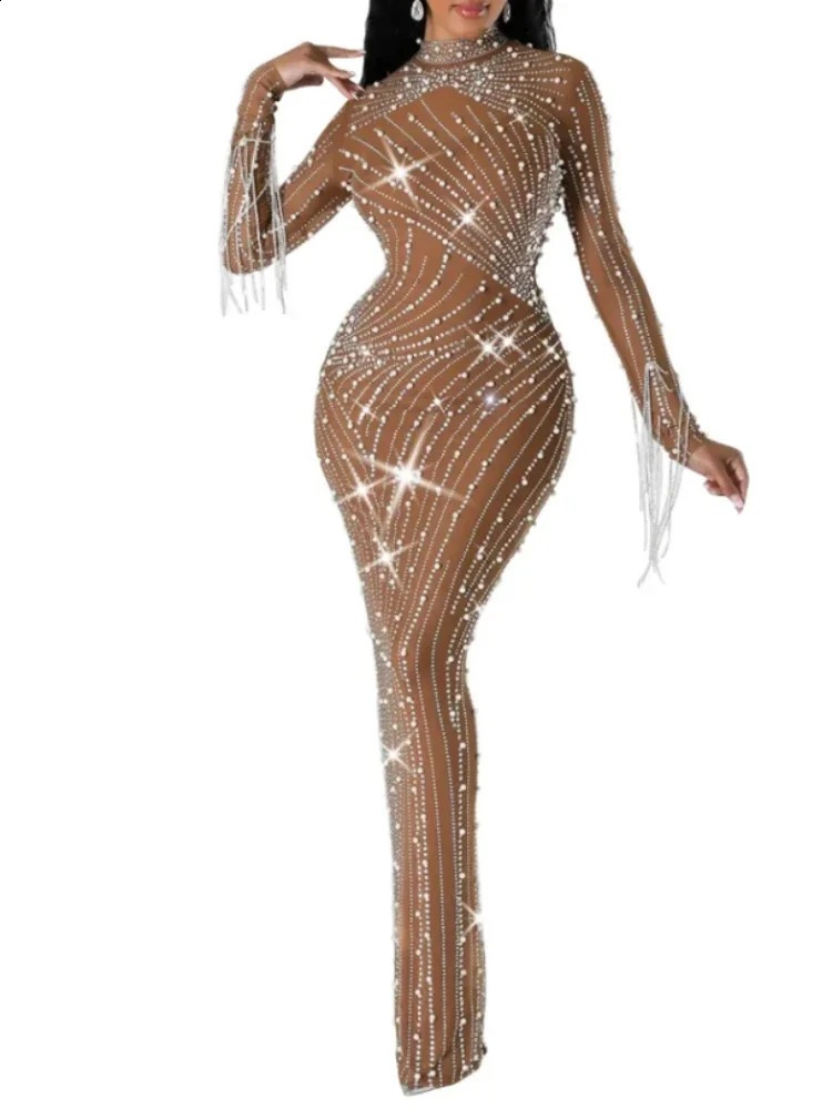 Women Mesh Tassel Long Sleeve Diamonds Rhinestones Bodycon Midi Maxi Long Dress and Tank Inner Dresses 2piece Suit 250815