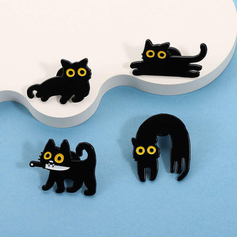 Hot Selling New Cute Black Series Brooch Creative Personality Cartoon Liquid Cat Design Badge