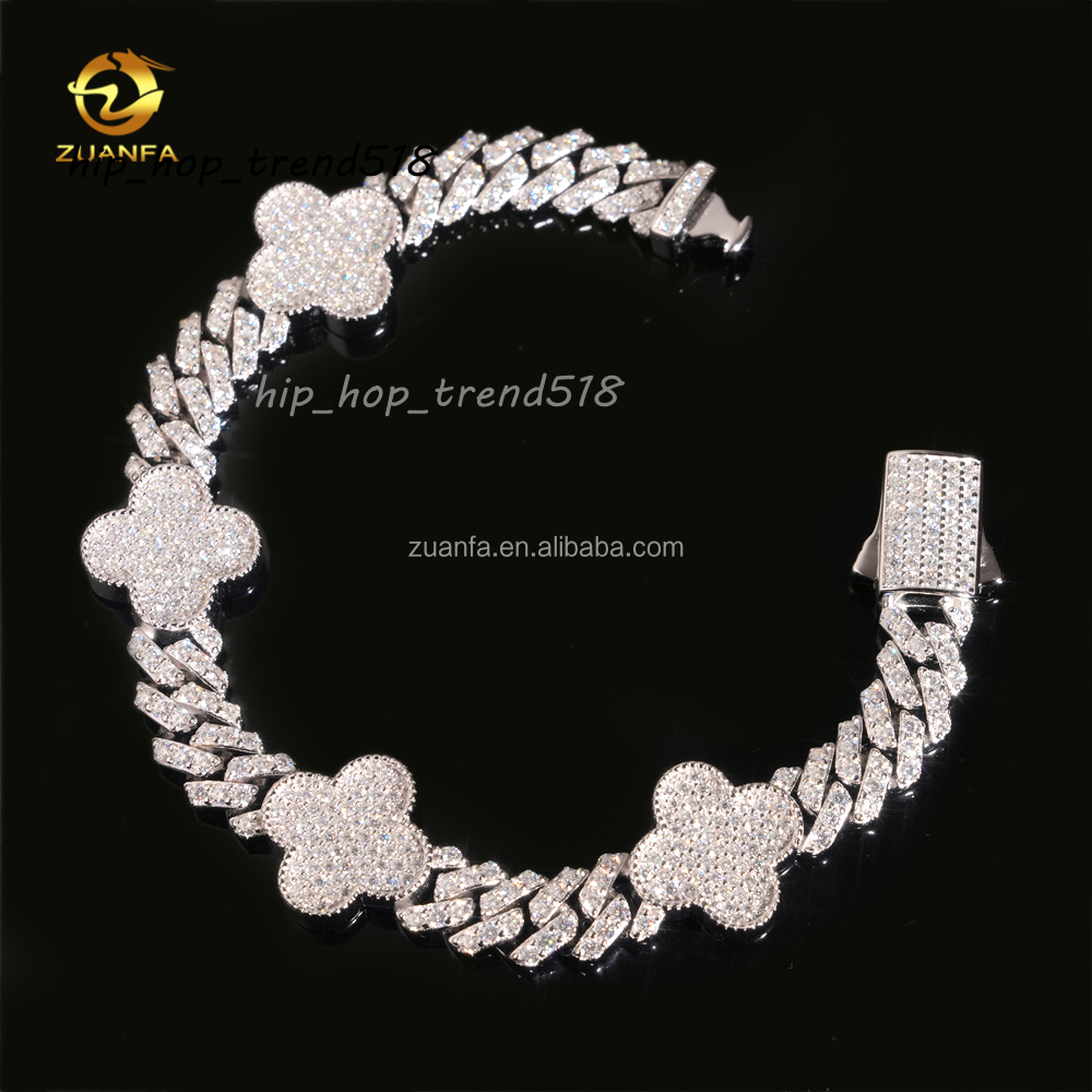 Bulk Stock Hot Selling Rapper Fashion Luxury Jewelry S925 Silver Iced Out Hip Hop Moissanite Clover Flower Cuban Bracelet