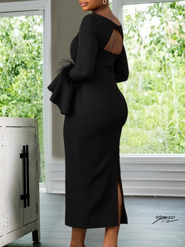 Uoozee Spring Elegant Banquet Fashion Solid Color Feather Sleeves ddmydec A-Line Party Ball Long Dress 241019 ddmydec ddmydec ddmydec ddmydec