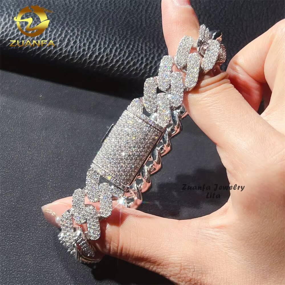 Hip Hop Style Iced Out 16mm Three Row 925 Silver Moissanite Cuban Link Chain Bracelet for Men