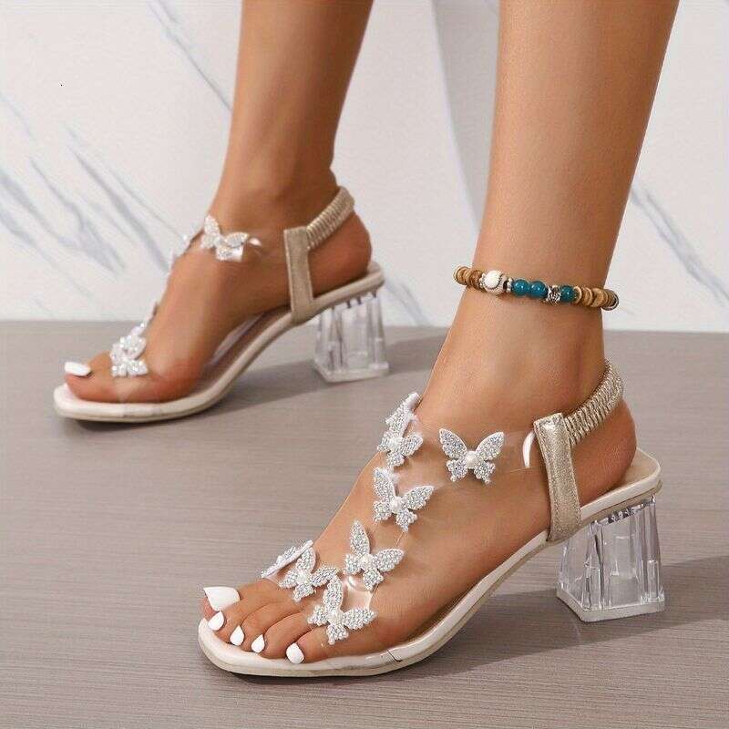 Women's Butterfly Clear Chunky Square Open Toe Elastic Strap Mid Heels, Stylish Slip On Slingback Sandals