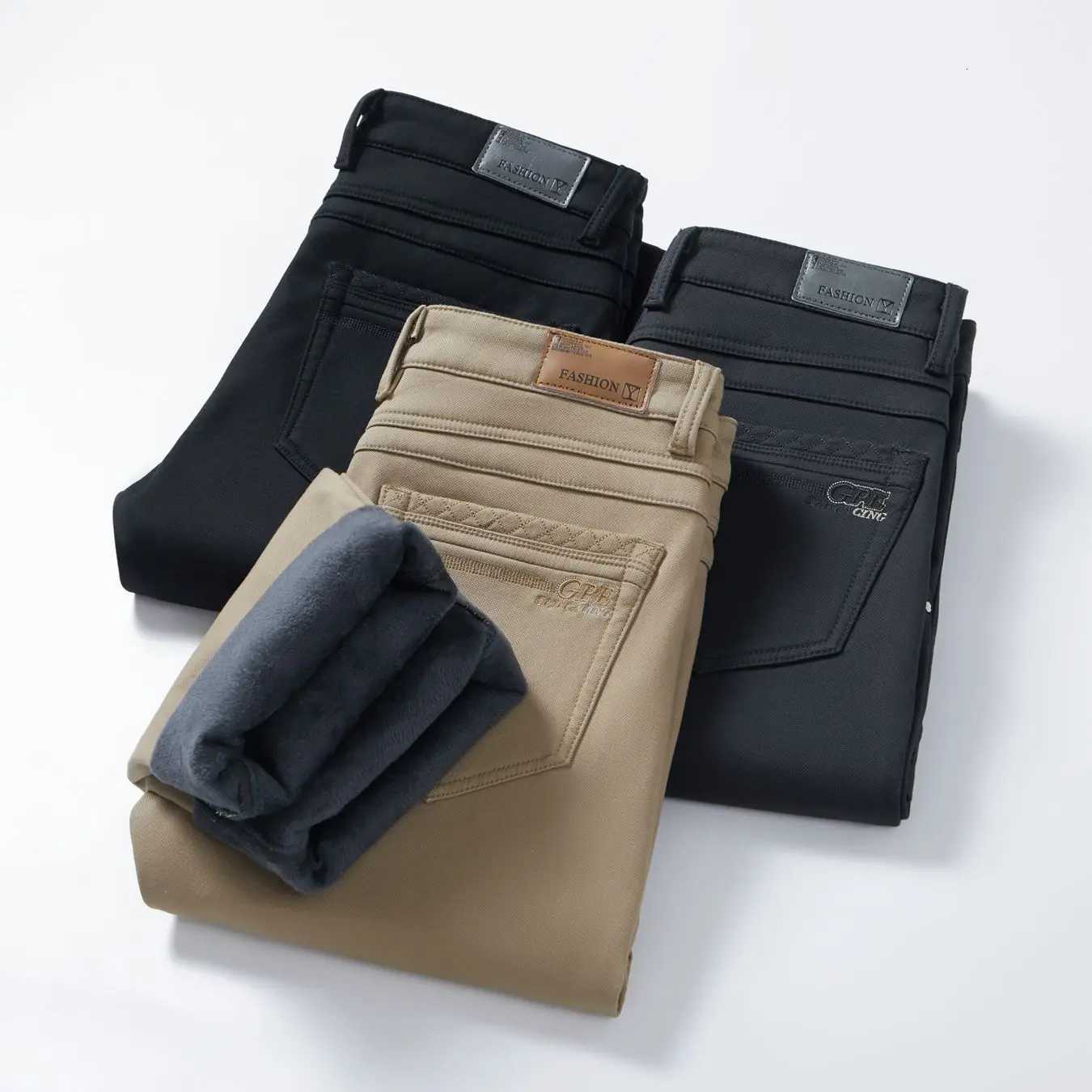 Mens Casual Pants Soft Elastic StraightLeg Warm Business Fashionable AllMatch Commuting Autumn and Winter Thermal Long Pants W250905