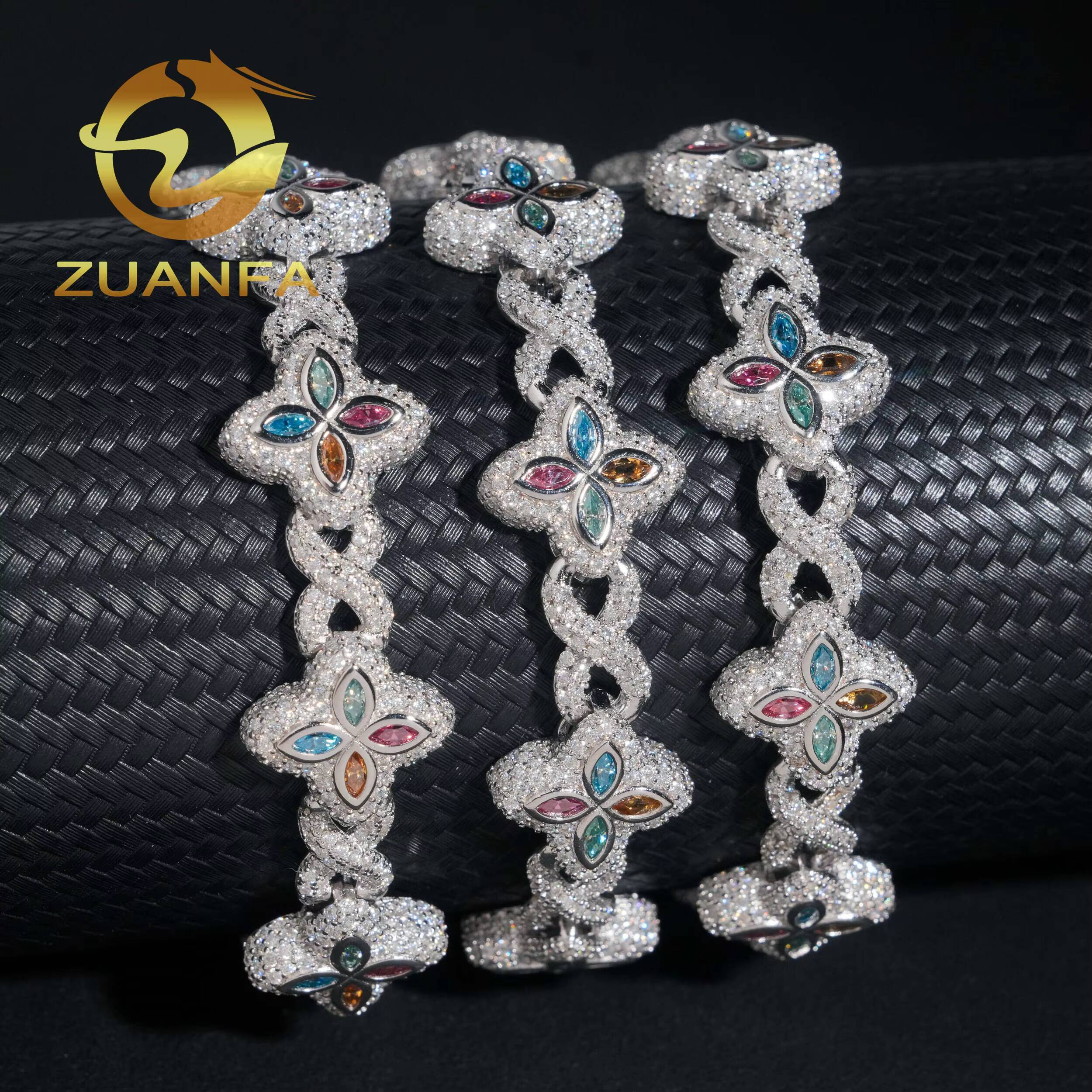 15mm Marquise Flower Hip Hop Jewelry 925 Silver Iced Out Unisex Color Moissanite Cuban Link Chain Set