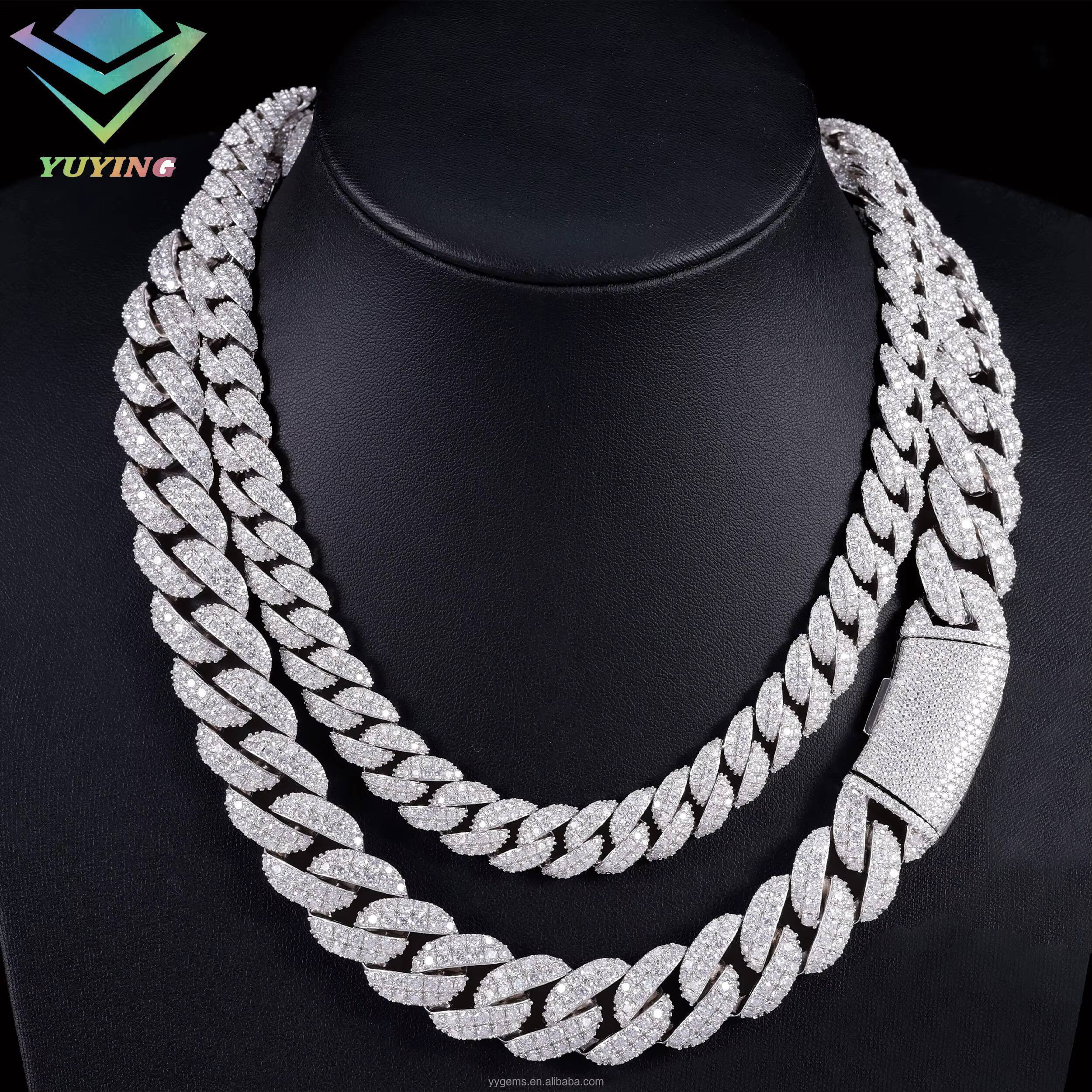 Full Ice Out Mossanite Cuban Chain 2rows 16mm 18mm 925 Sterling Silver Chain Hip Hop Necklace VVS Moissanite Cuban Link Chain