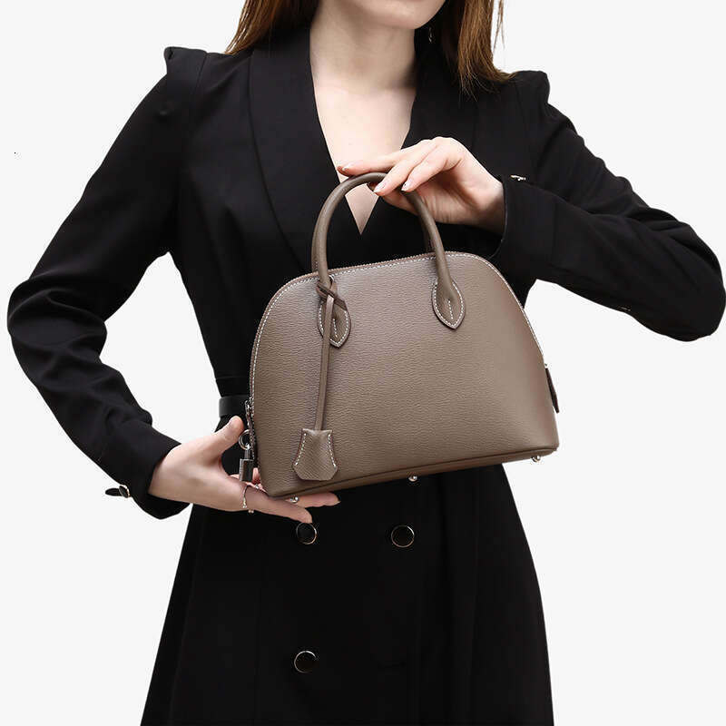 Top Layer Cowhide Bag for Women, Handheld Shell Genuine Leather Women's Shoulder Bowling Crossbody Bag, Fashionable and Versatile