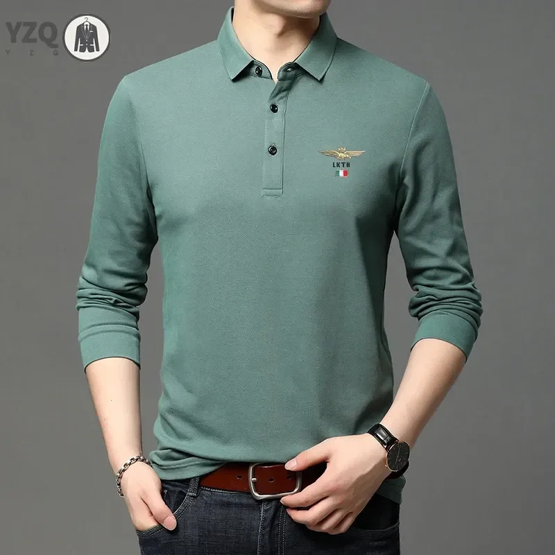 Mens Casual y Long Sleeve Polo Shirt Fashion Solid Color Top 250905