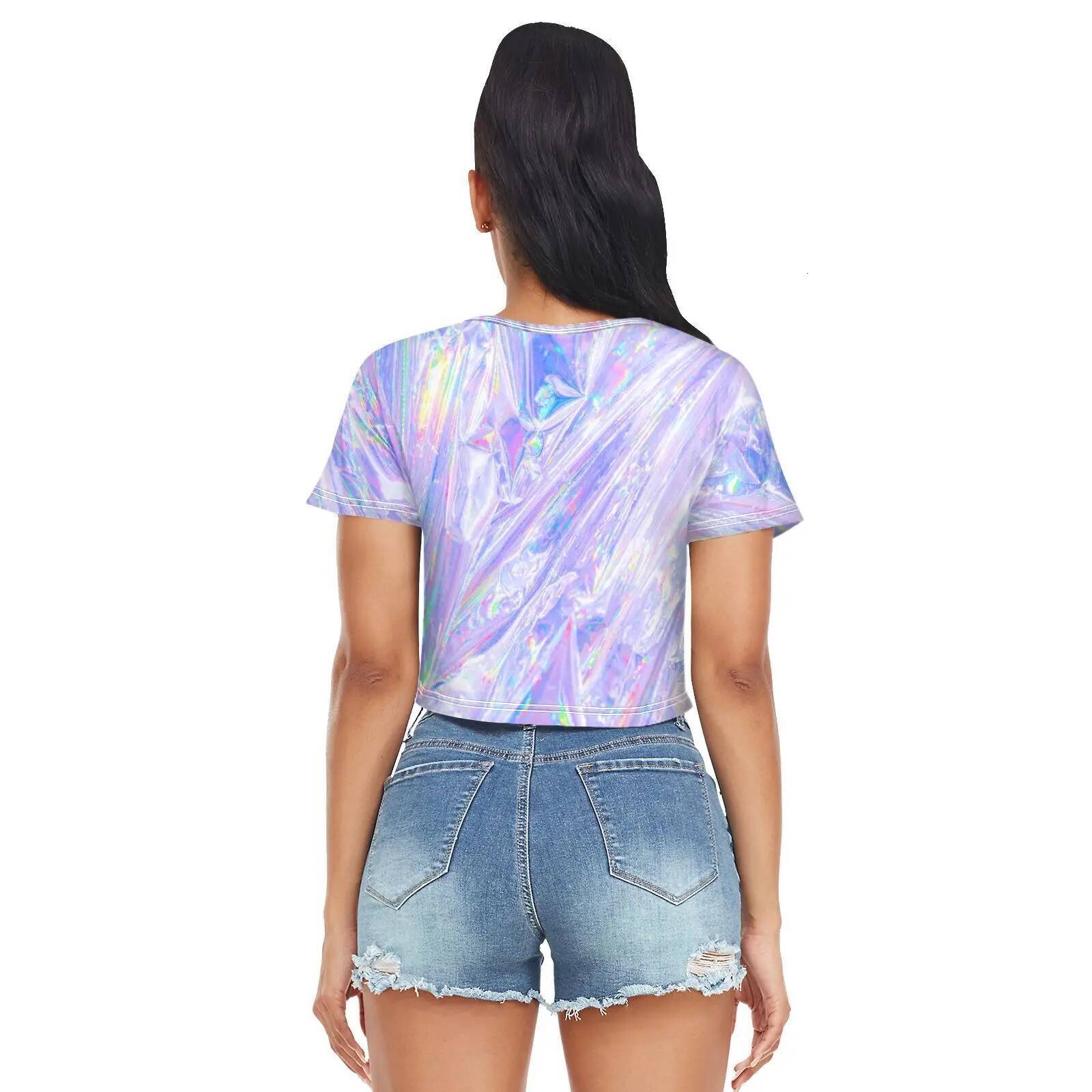 New Open Navel High Waist Short Sleeve T-shirt Holographic Swirl Modern Rainbow Simple Round Neck Pullover Spring Summer