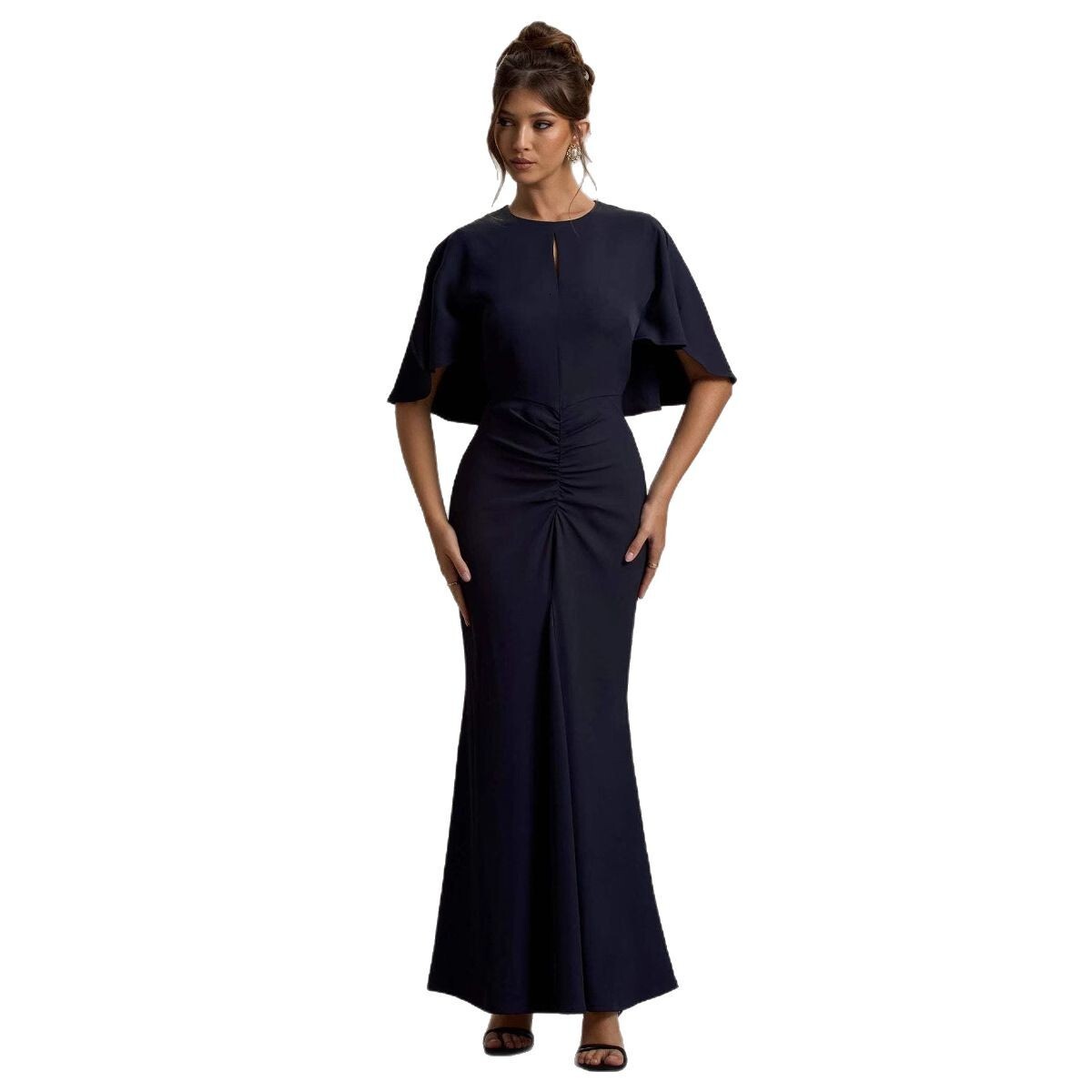 Summer New Style Hot Girl MidSleeve Hollow Out Bust Ruched Dress WaistCinching Ruched Bodycon Sexy Long Dress for Women