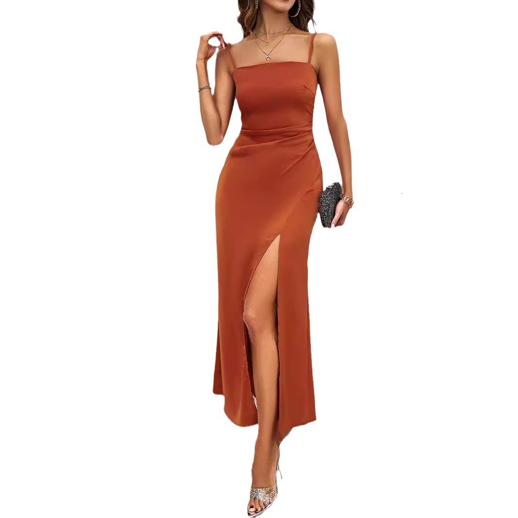 Womens Summer New Sexy Square Neck Backless Strap Dress with Slit