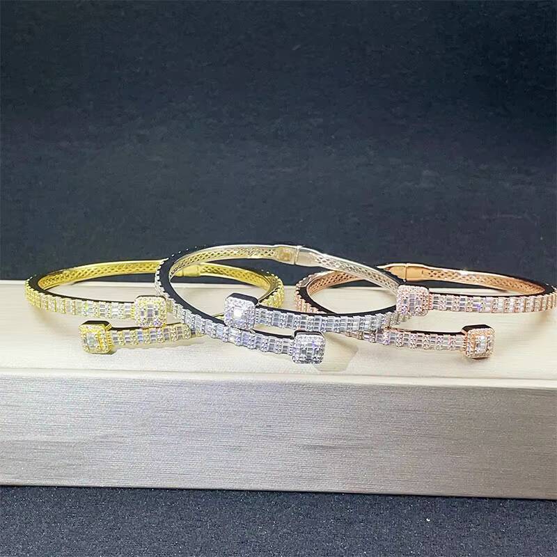 Hip Hop Style 925 Sterling Silver Iced VVS Baguette Moissanite T Square Diamond Cuban Link Bracelet Bangle Set for Women Men