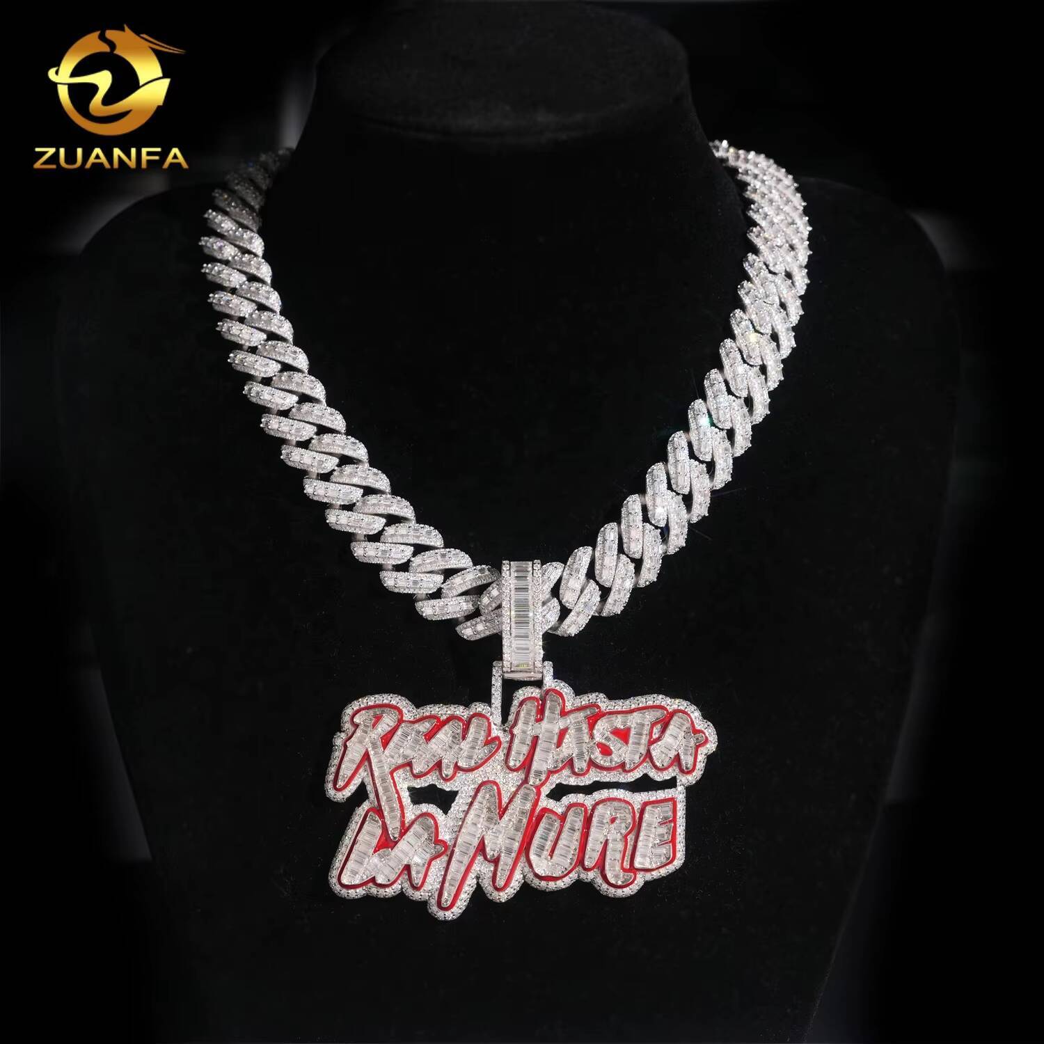 Hip Hop Jewelry 18mm Width Solid Heavy Baguette Diamond Iced Out 925 Sterling Silver Cuban Link Chain
