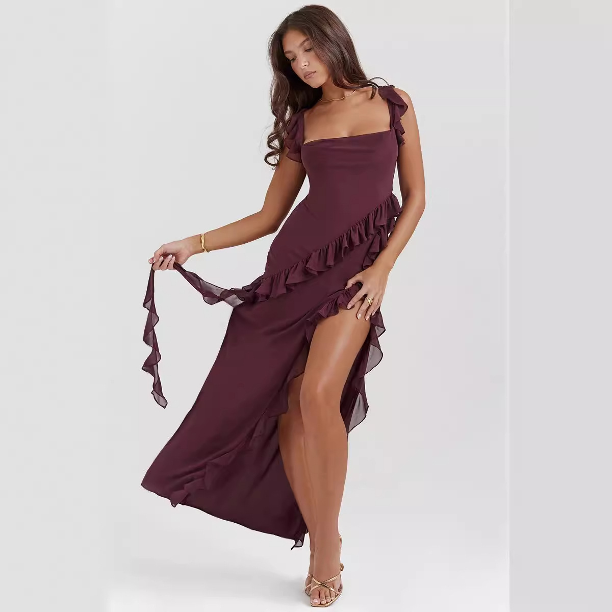 2024 Summer New French Style Spaghetti Strap Ruffle Design Sexy Split Long Dress for Women