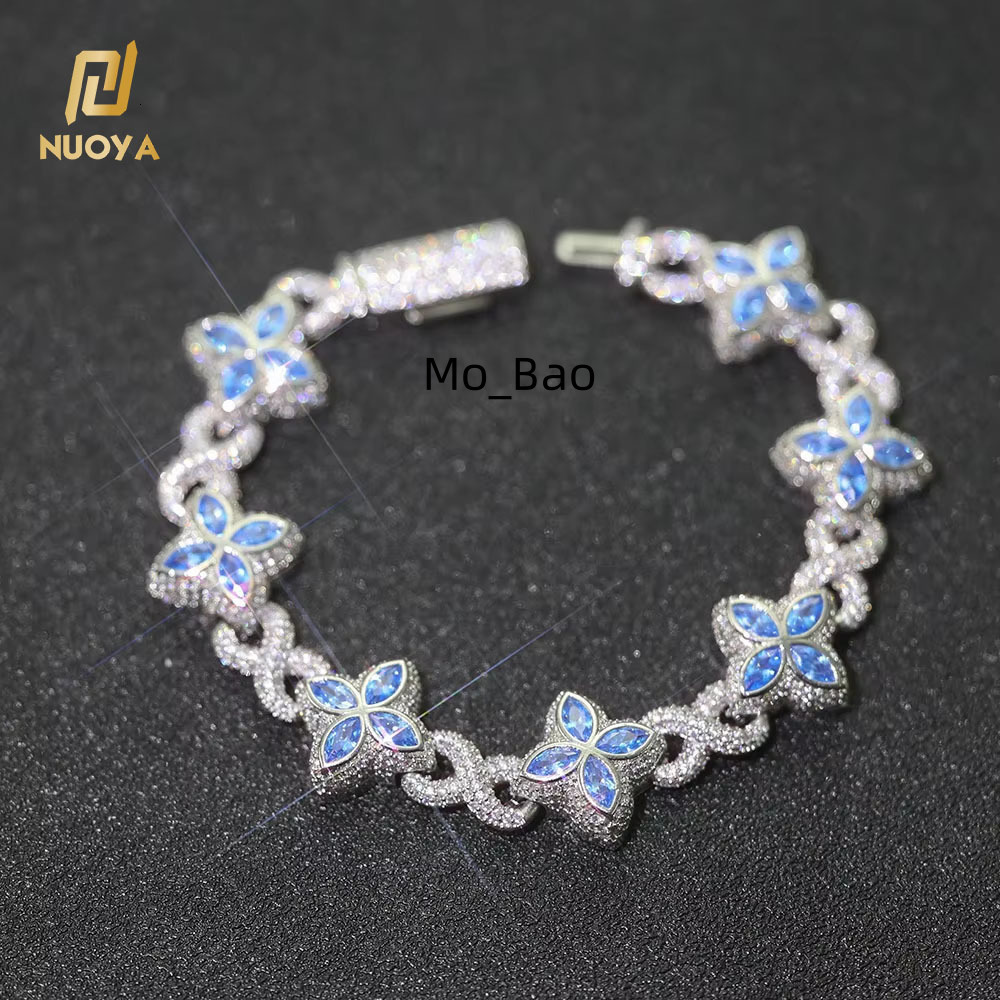 NUOYA New Style 8mm HipHop Jewelry Colorful Four Leaf Clover Chain Silver Plated Brass 5A Zircon Cuban Chain Bracelet for Women