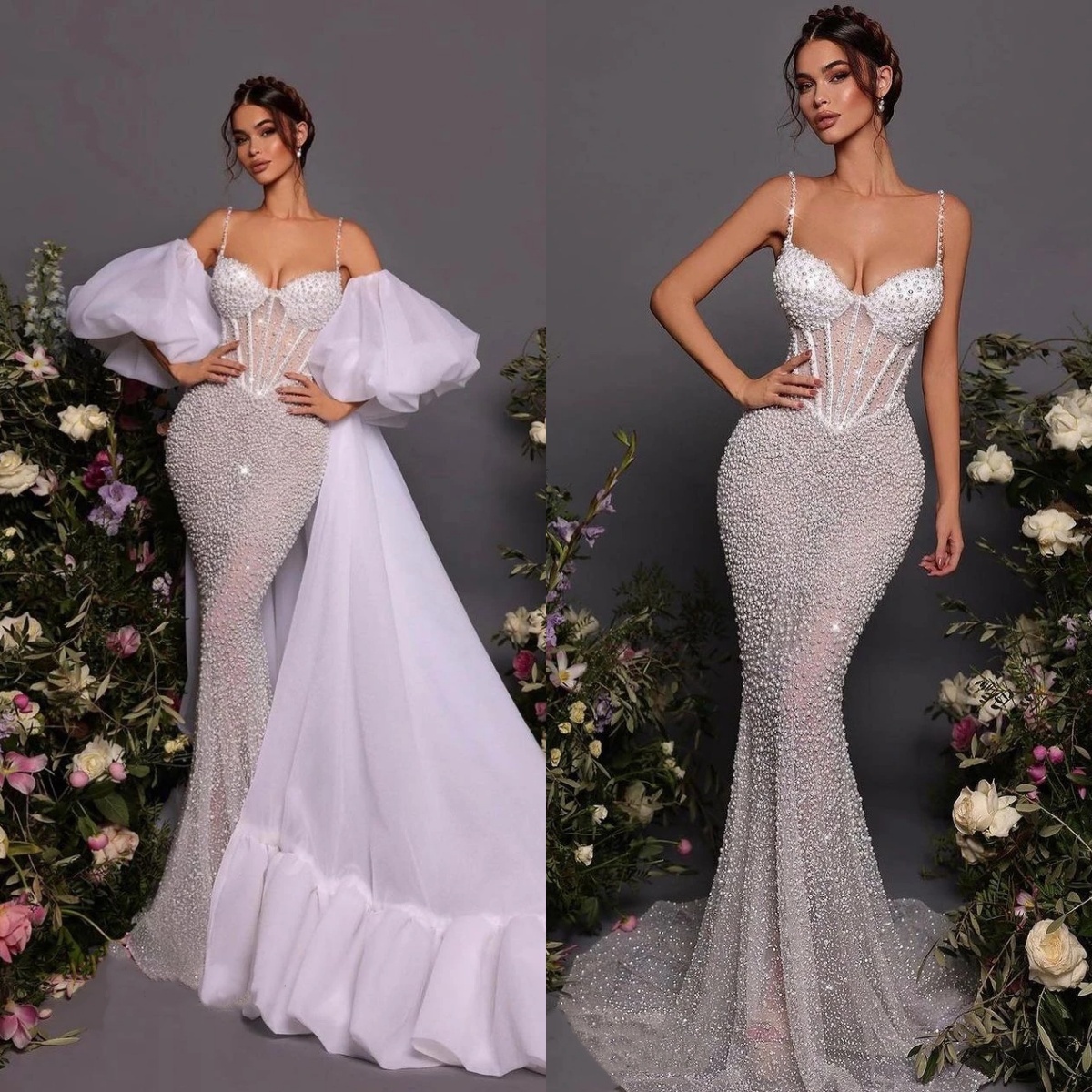 Luxury Mermaid Wedding Dress Pearls Beaded Bridal Gowns With Wrap Sweetheart Neck Spaghetti Strapless Sweep Train Dresses Custom Made vestidos de novi