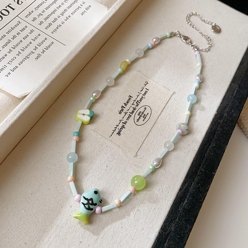 Silver Tone Beaded Necklace With Pastel Colored Beads & Cute Fish Pendant Sweet Playful Style Daily & Summer Wear Gift For Her Whimsical Jewelry