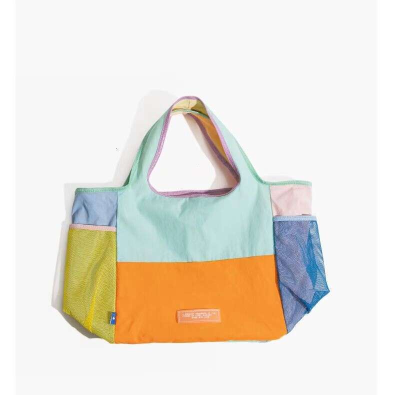Niche Large Capacity Mommy Dopamine Color Block Tote Bag Lightweight Foldable Eco-friendly Storage Shopping Handbag