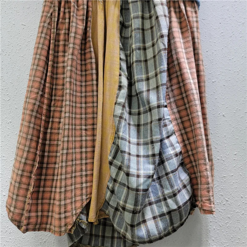 Plaid Spliced Skirts Denim Women Loose Button A Line Skirt Y2k Streetwear High Waist Summer Pockets Street 250905