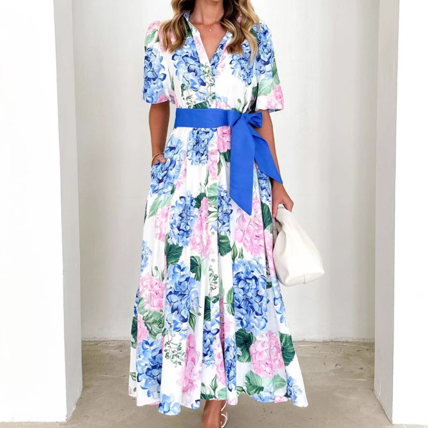 2025 Printed Bohemian Dress Spring Summer New Short Sleeve Belted Aline Dress for Women