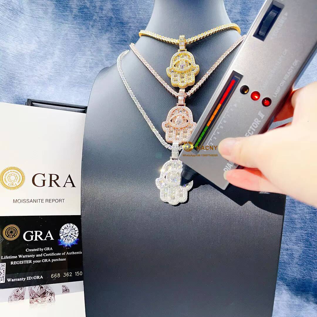 Fine Jewelry 925 Sterling Silver Iced Out Vvs Moissanite Diamond Egyptian Eye Hamsa Hand Pendant Necklace for Women