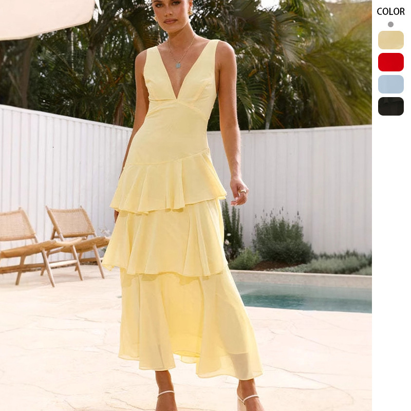 2025 New Pure Desire Style Internet Celebrity Summer French Cake Dress Womens Elegant Sleeveless Vneck Dress
