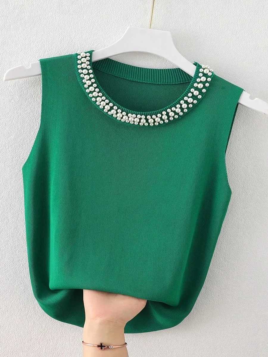 Korea Knitted Vests Women Top Solid Tank Blusas Mujer De Moda Summer New Fashion Female Sleeveless Beading Casual Thin Tops Z250905