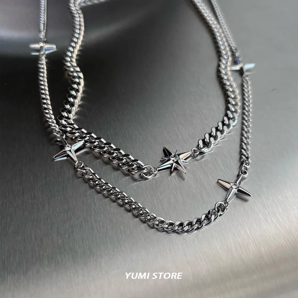Hip Hop Doublelayer Star Cross Necklace For Man Woman Steel Clavicle Chain Choker Punk Male Accessories Wholesale 250905
