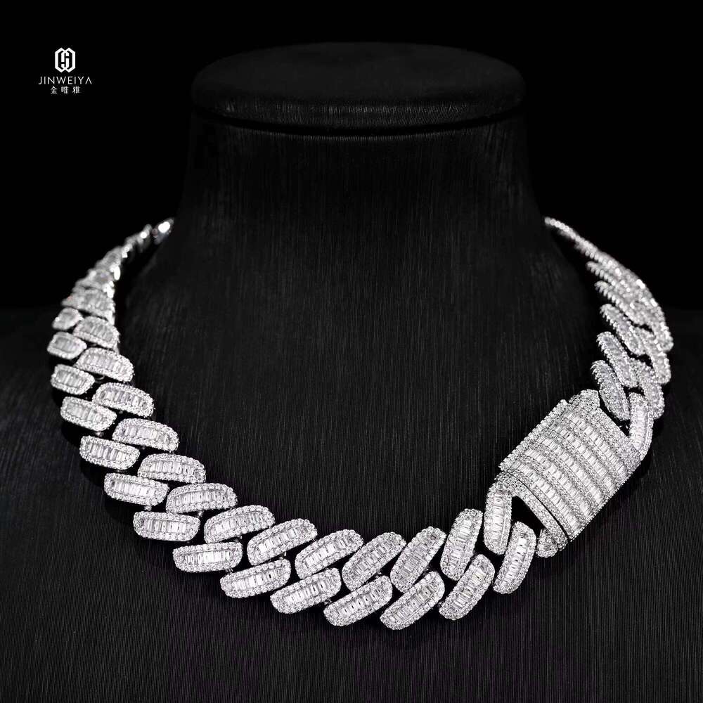 Sier VVS Moissanite 24mm Baguette VVS Moissanite Setting Iced Heavy Link Necklace for Men Miami Cuban Chain Style