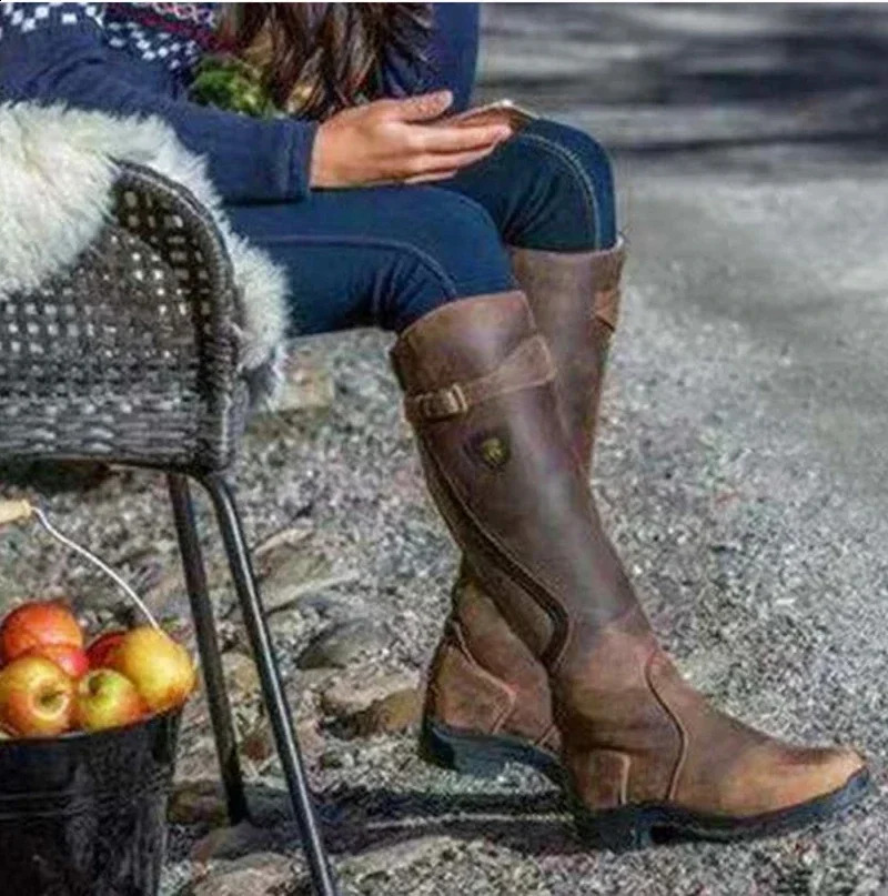 Women Boots 2023 Fashion Vintage Casual Solid Color Womens PU Retro Faux Leather Knee Length Midi Female Shoes 250904