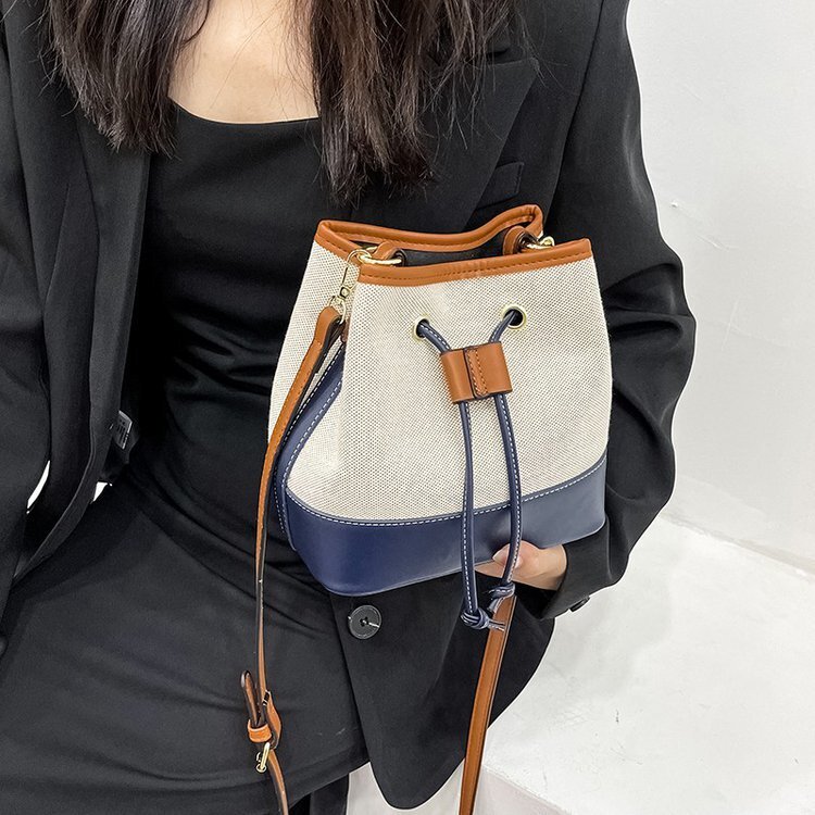 Women's Bag Foreign Trade New Canvas Color-block Handbag Bucket Bag Street Fashion Textured Drawstring Single Shoulder Crossbody Bag