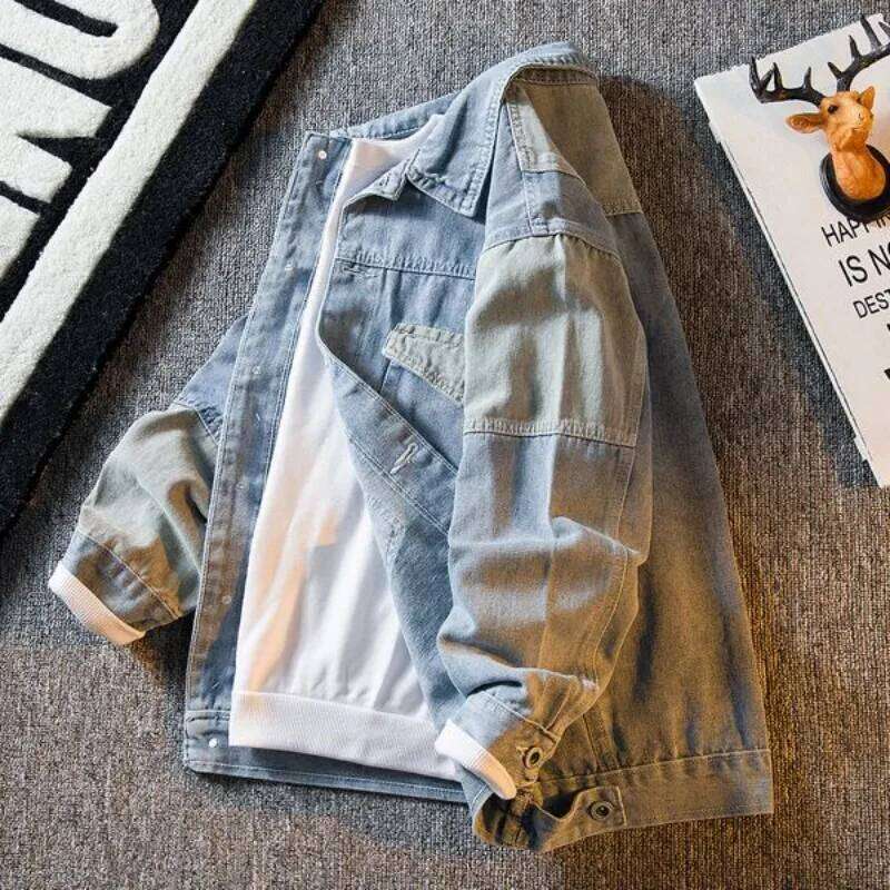 Denim Jackets Man Gray Splicing Autumn Cowboy Coat for Men in Lowest Price Trendy Size L Korean Popular Clothes Worn Outwear Y2k