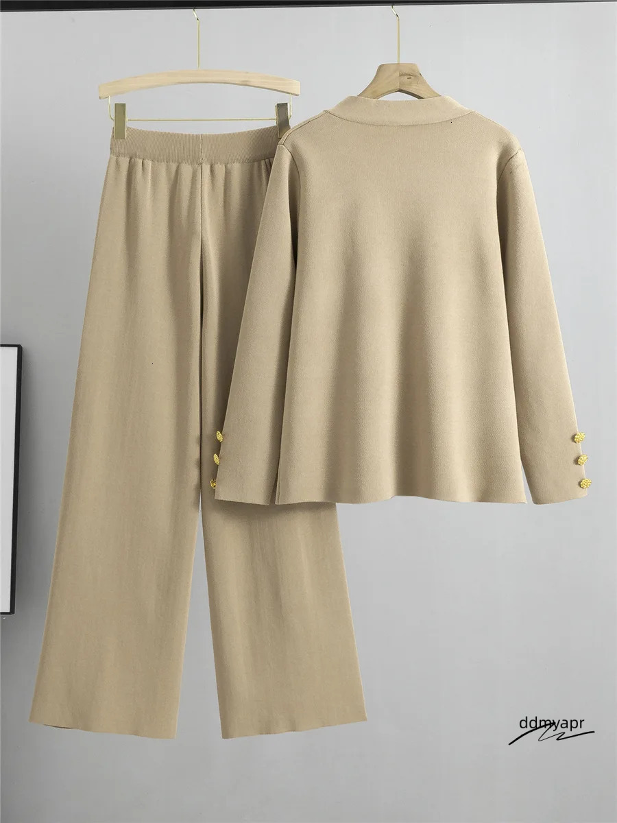 Fall Winter Womens Knit Sweater Sets Large Gold Button Vneck Cardigan Coats Conjunto ddmyday High Waist Baggy 95Cm Wide Leg Pants Suit 250106 ddmyday 